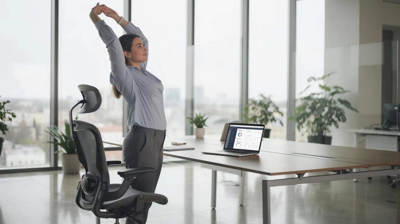 A professional is performing a standing stretch next to a desk with a laptop in a modern office filled with natural light, demonstrating body awareness and the importance of nervous system regulation during the workday. This practice can help manage stress and support emotional stability for high performers.