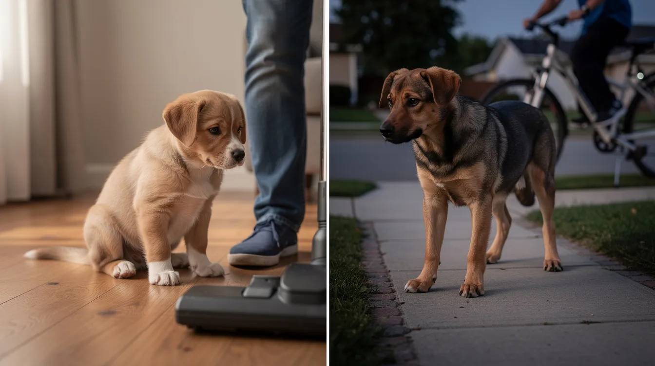 The image depicts a young puppy exhibiting fearful body language, such as whale eye and a crouched posture, as it encounters new stimuli in its environment. This scene illustrates the common signs of fear that puppies experience during their first and second fear periods, highlighting the importance of early socialization and positive reinforcement training for new puppy owners.
