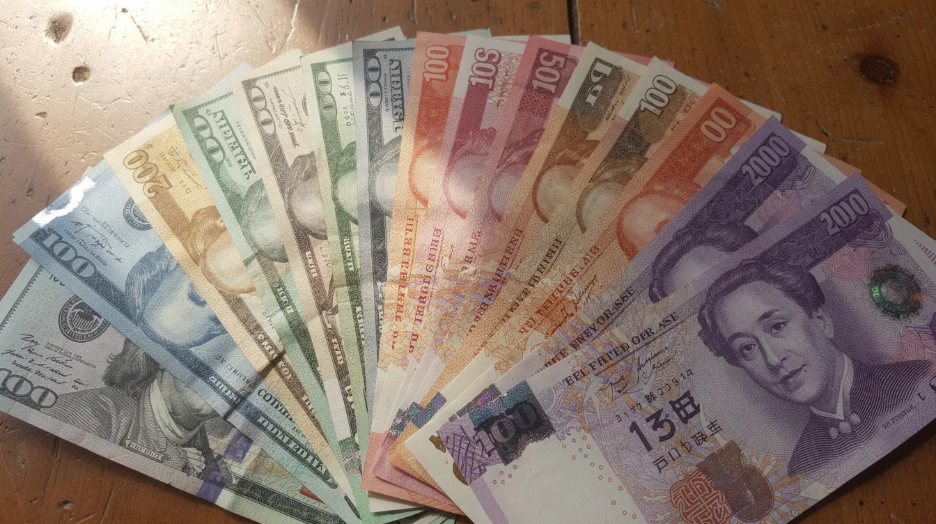 The image features a vibrant spread of international banknotes, including the Australian dollar, Hong Kong dollars, and the Egyptian pound, elegantly arranged in a fan pattern on a wooden surface. This collection showcases the beauty and cultural heritage of various countries' currencies, highlighting their unique designs and security features.