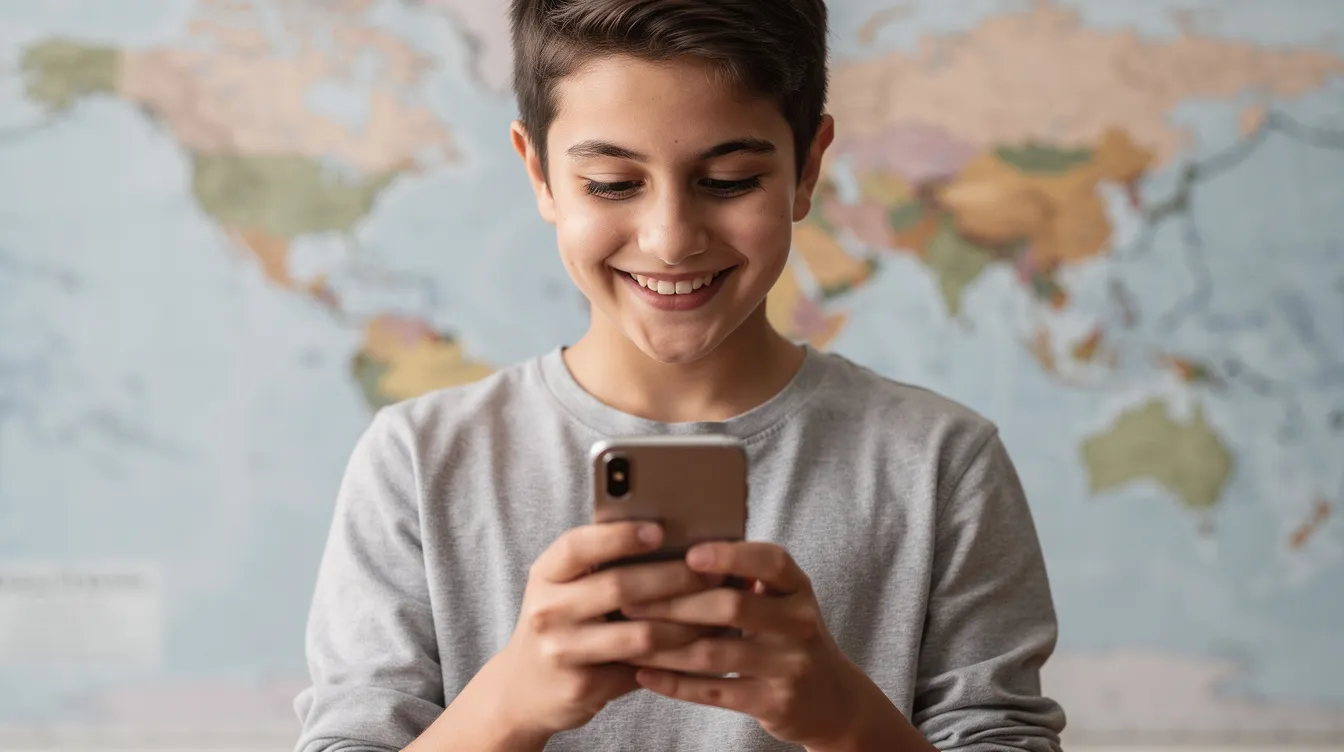 A young person is smiling while using a smartphone, with a softly visible world map in the background, symbolizing the global reach of financial services companies and their innovative solutions in the financial landscape. This image reflects a balance between technology and personal engagement in today's business world.