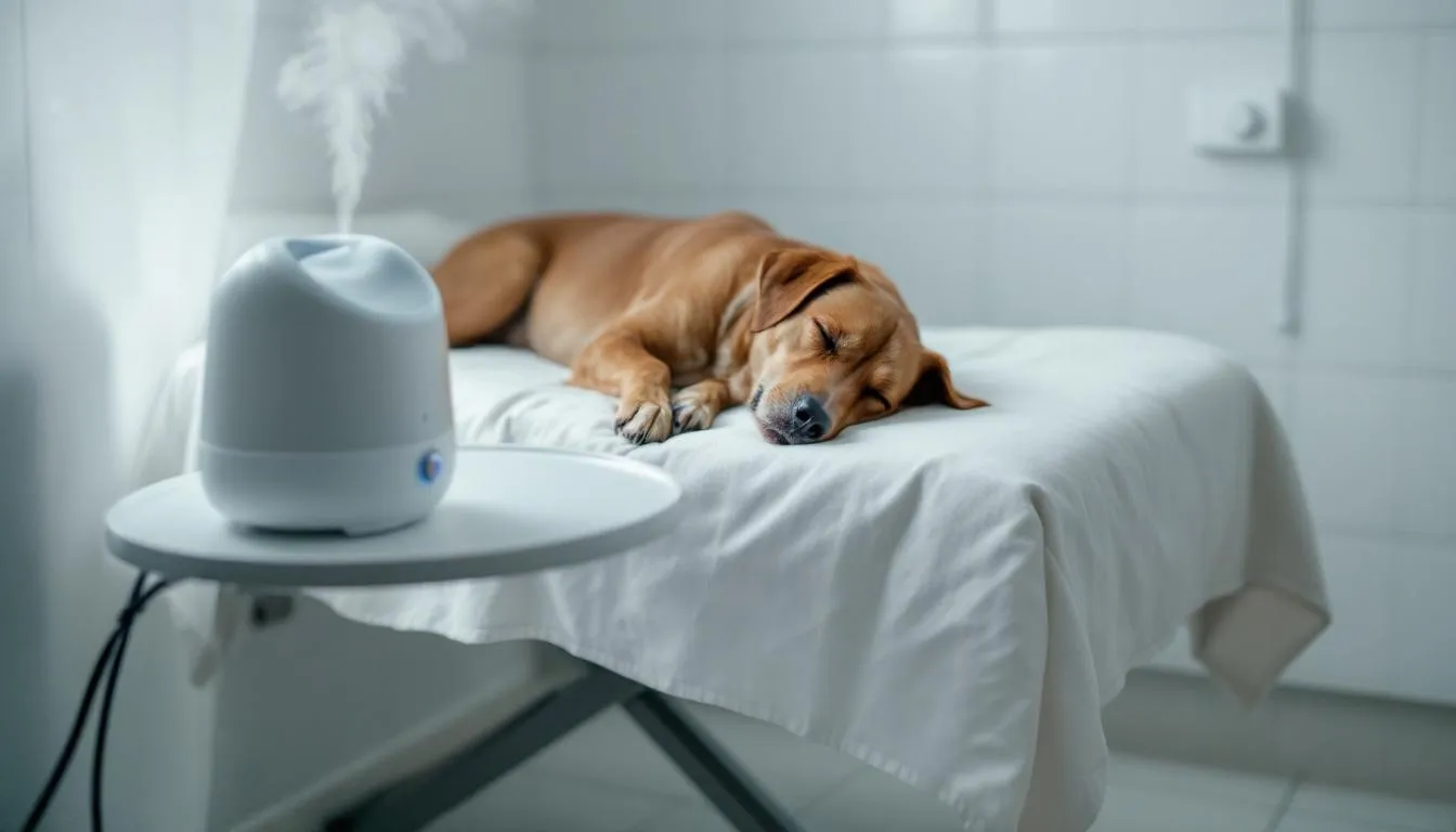 A dog is resting comfortably in a recovery area, with a humidifier nearby to help ease its breathing. This scene reflects the importance of basic supportive care for canine infectious respiratory diseases, such as kennel cough, which can affect dogs in environments like daycare facilities or dog parks.
