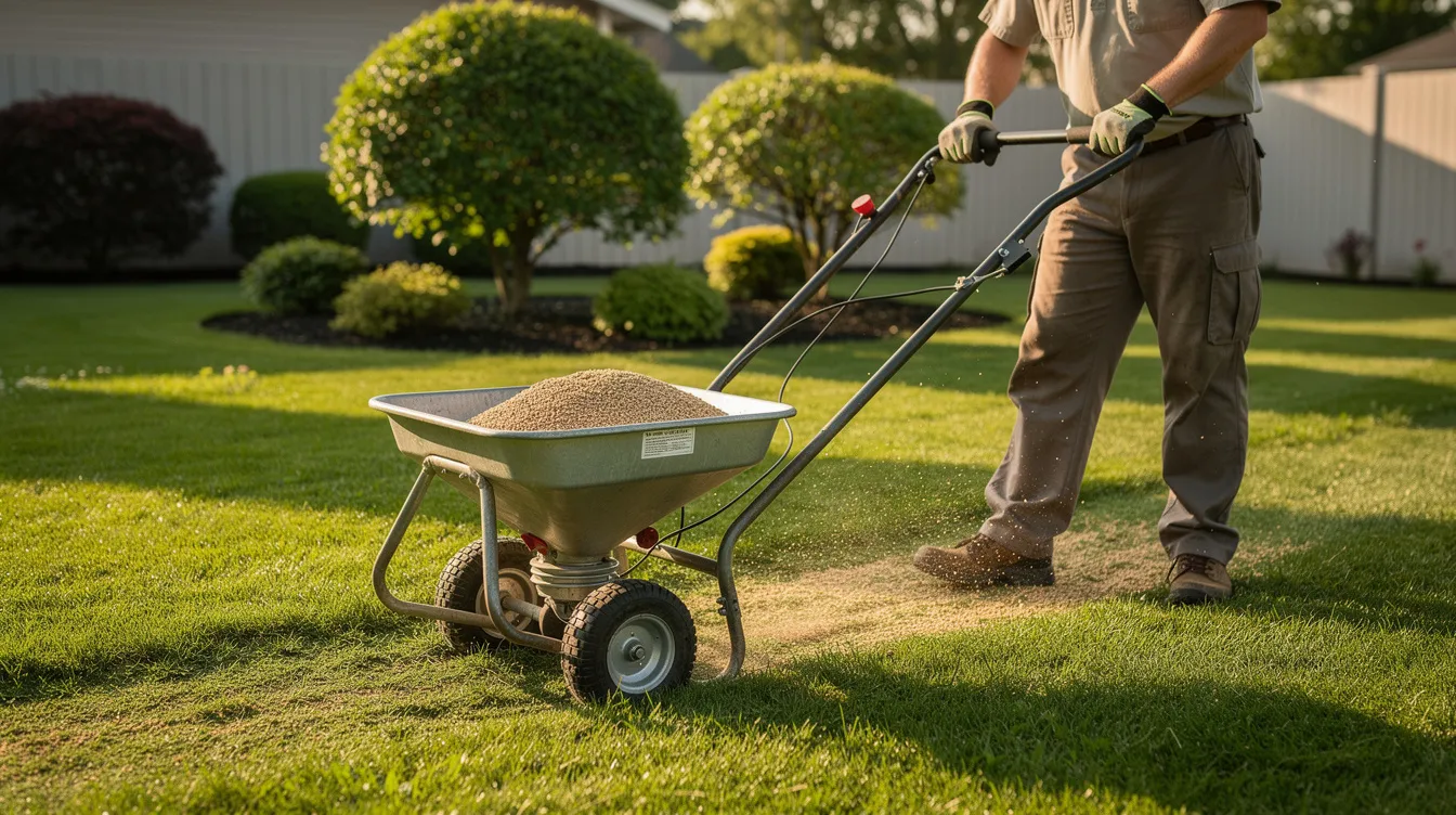 A gardener is pushing a spreader across a lush green lawn, applying lawn fertiliser to promote healthy grass growth and prevent weeds. This fertiliser application is essential for maintaining established lawns, ensuring deep roots and vibrant leafy growth.