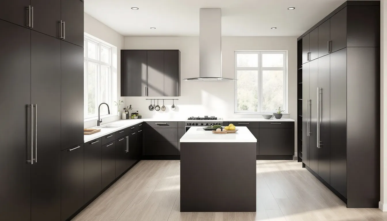 In this beautiful kitchen, dark Sherwin Williams Urbane Bronze cabinets contrast elegantly with the white quartz countertops, illuminated by natural light pouring in through the windows. The modern space features a cozy kitchen island and warm undertones that enhance the overall inviting atmosphere.