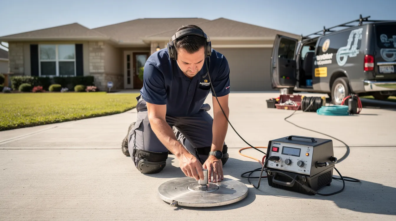 A professional plumber kneels on a driveway, using an acoustic listening device to detect hidden water leaks underground.
