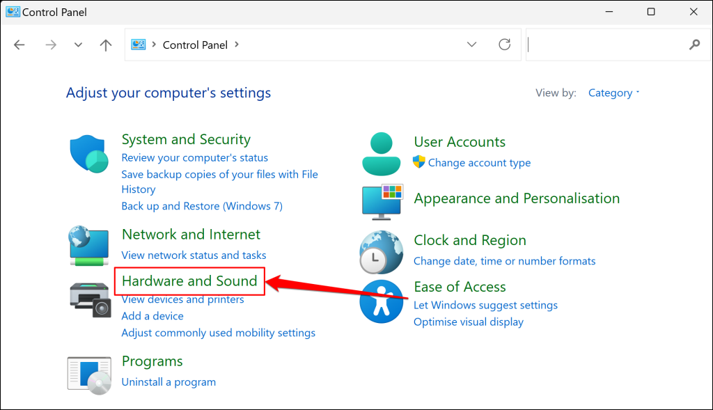 "Hardware and Sound" highlighted in Control Panel