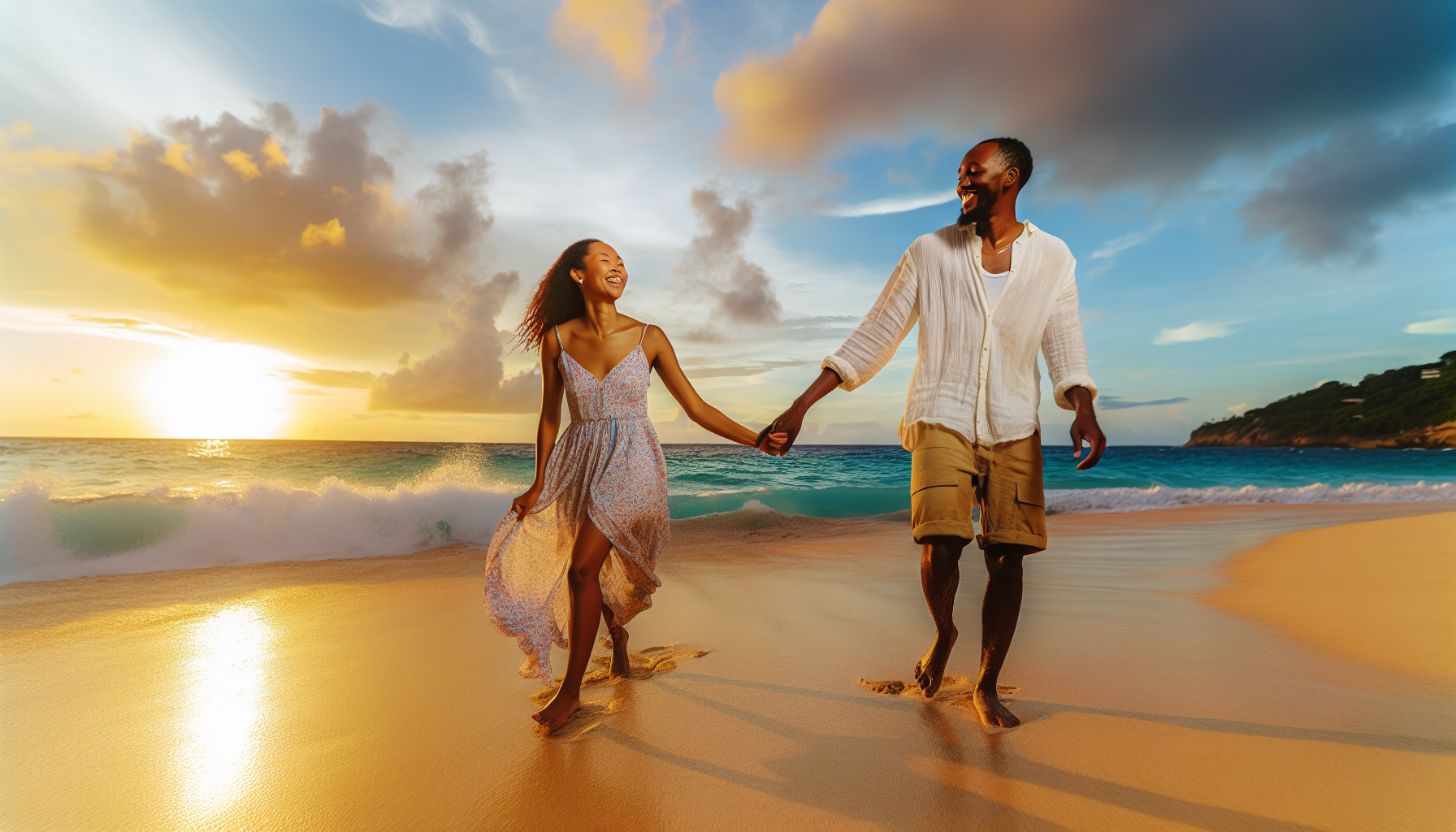 Couple enjoying a romantic walk on the beach