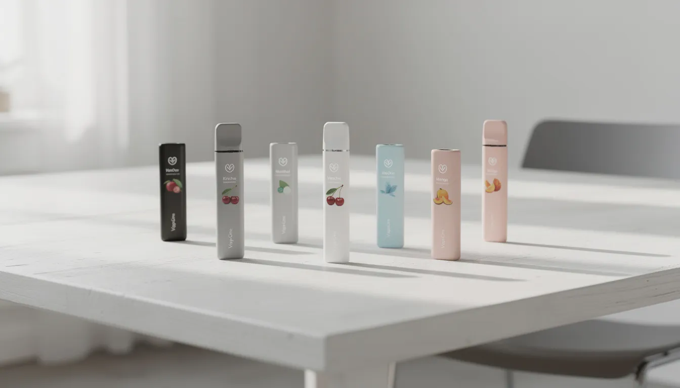 Auf dem minimalistischen Tisch stehen moderne Einweg-Vape-Geräte in verschiedenen Geschmacksrichtungen wie Erdbeere und Wassermelone. Diese Geräte repräsentieren die neue Generation von Vapes, die eine entspannende Wirkung bieten und einfach in der Anwendung sind.