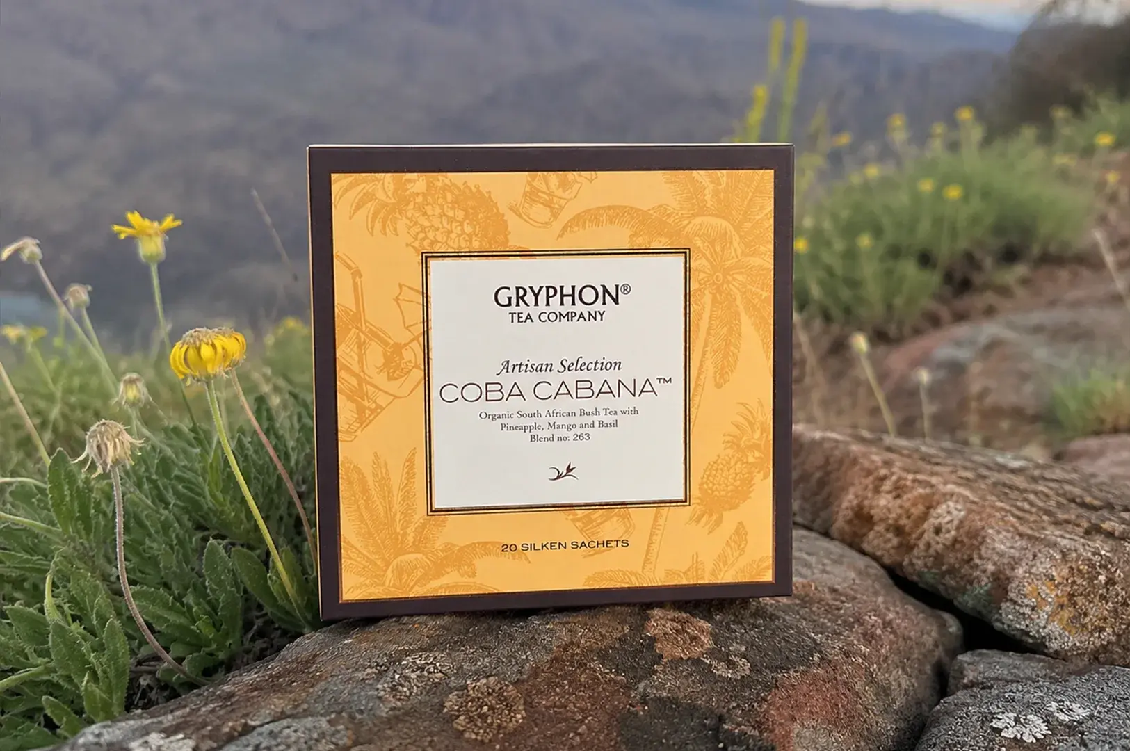 A square, flat tea box for Gryphon Tea Company’s "Coba Cabana" organic South African bush tea is propped up on a rugged, dark-colored rock surface outdoors. The packaging features a warm yellow background decorated with subtle palm tree and pineapple illustrations, framed by a dark brown border. In the soft-focus background, a vast mountain landscape stretches out under an overcast sky, with a few wild, yellow daisy-like flowers growing alongside the rock in the left foreground.