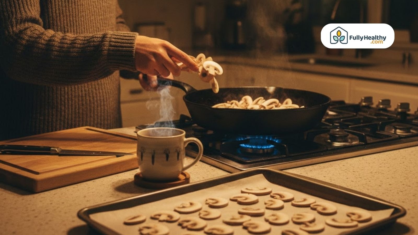 Person cooking mushrooms in pan with tray of mushrooms ready to freeze