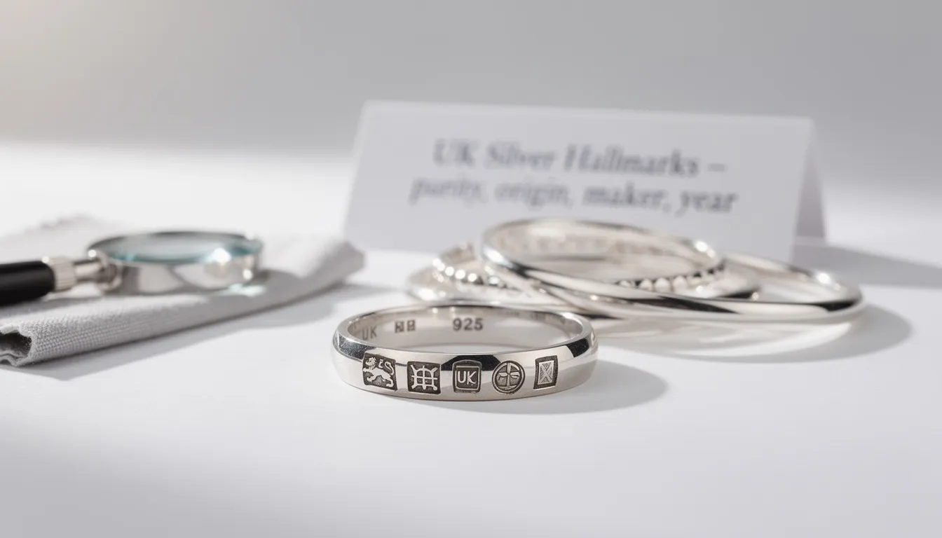 The image showcases a close-up of various UK silver hallmarks stamped onto pieces of sterling silver jewellery, including rings and necklaces, highlighting their purity and origin. These intricate marks serve as a certification of authenticity, ensuring that the silver jewellery is genuine and of high quality.