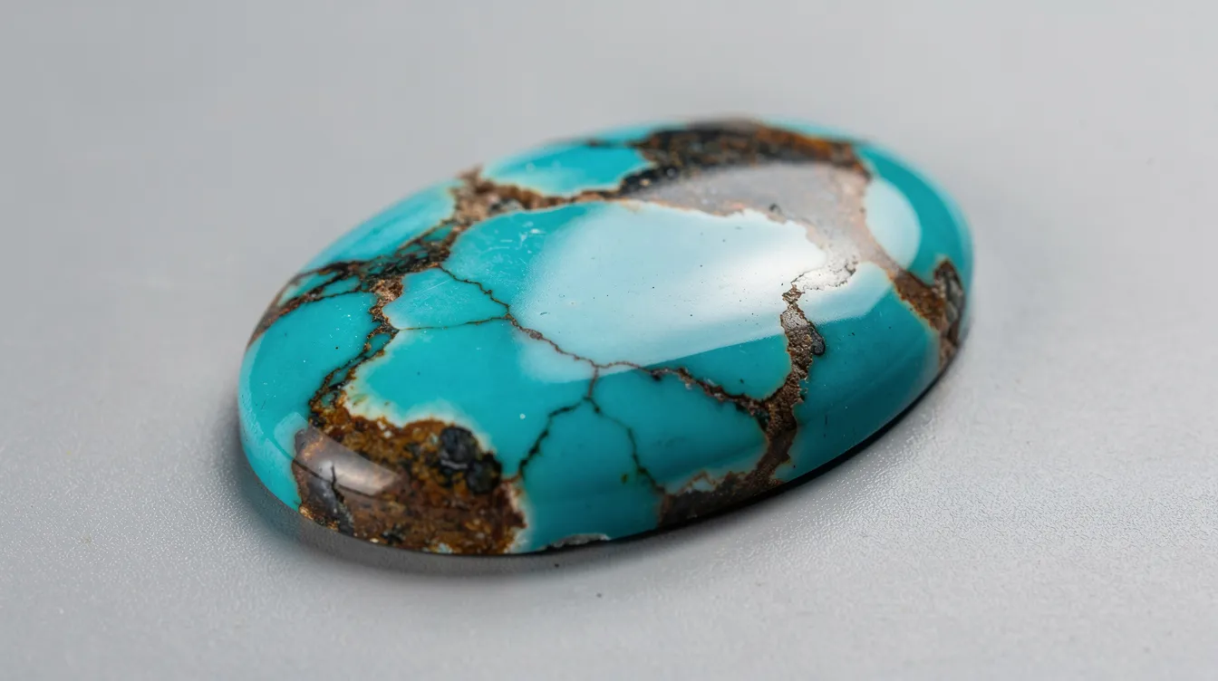 The image features an oval turquoise cabochon stone, showcasing its natural matrix patterns that enhance its timeless beauty. This cherished gemstone, often associated with the modern birthstones for December, reflects deep blues and green hues, making it a sought-after choice in jewelry.