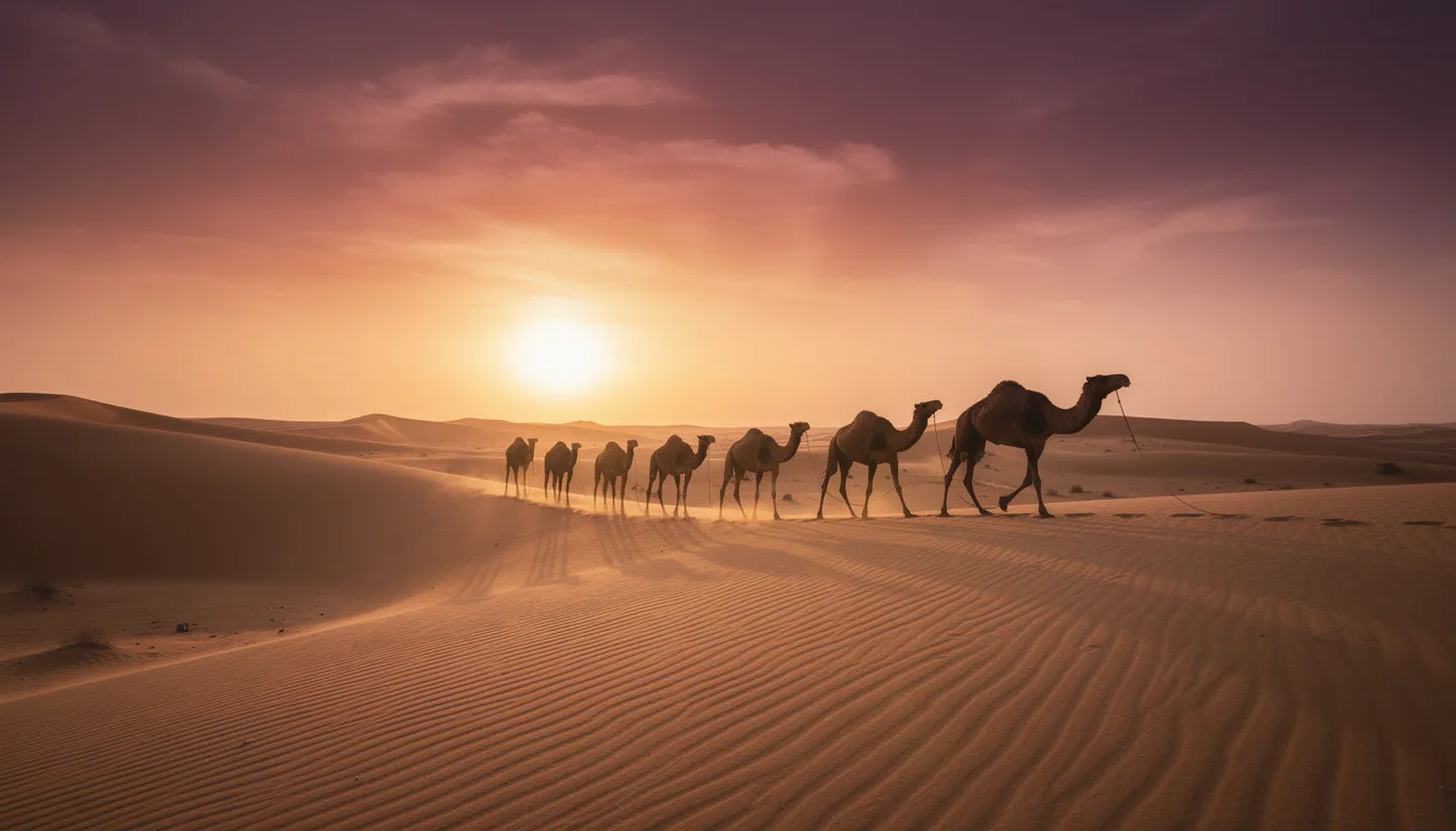 The image depicts the silhouettes of camels gracefully walking across golden sand dunes during a stunning sunset, creating a serene atmosphere. This picturesque scene evokes the natural beauty and scenic landscapes often found in romantic honeymoon destinations, perfect for couples seeking a tranquil getaway.