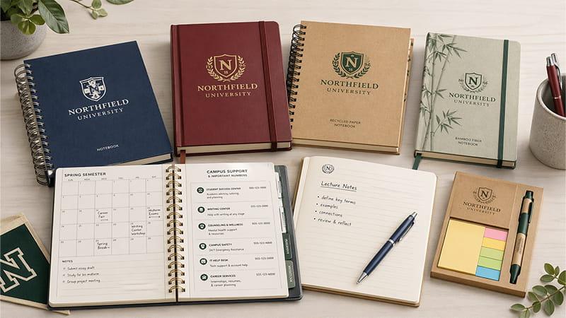 Branded notebooks and journals with quality paper, spiral and hardcover options, ideal for college students to use in class, featuring semester calendars and mental health resource pages.