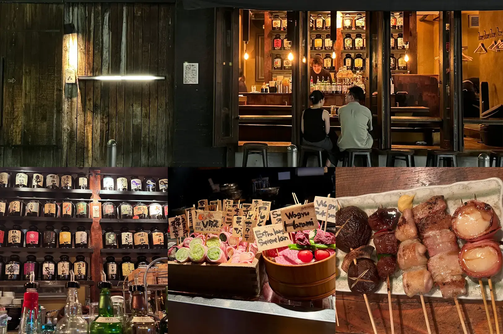 Jomon Roppongi shows a dark wooden izakaya interior with rows of bottles, a warm dining counter, and skewers on display.