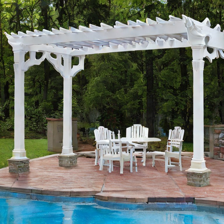 vinyl pergola by pool deck