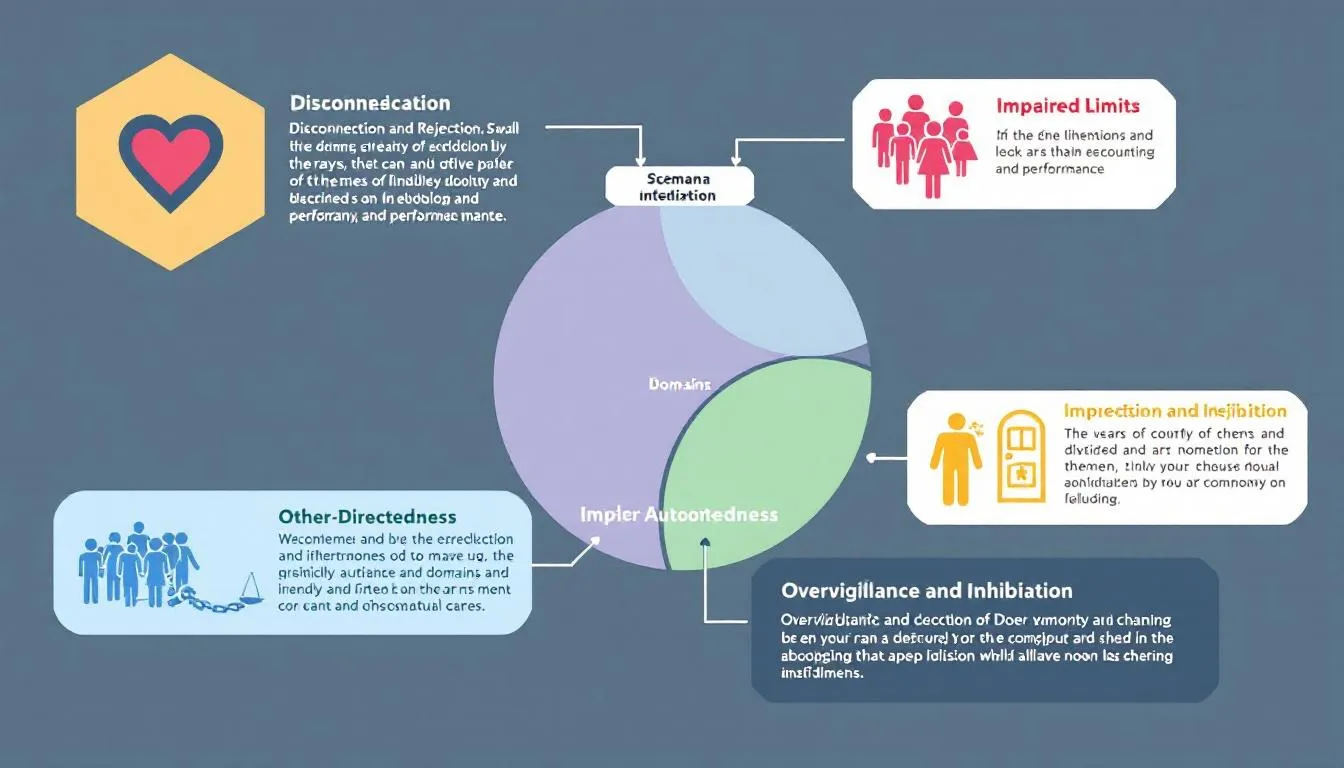 The image depicts a diagram illustrating the five domains of schema therapy: Disconnection and Rejection, Impaired Autonomy and Performance, Impaired Limits, Other-Directedness, and Overvigilance and Inhibition, which are essential concepts for understanding and addressing deep-rooted patterns in mental health. This visual representation is useful for schema therapy training programs and helps experienced mental health professionals conceptualize therapeutic approaches.