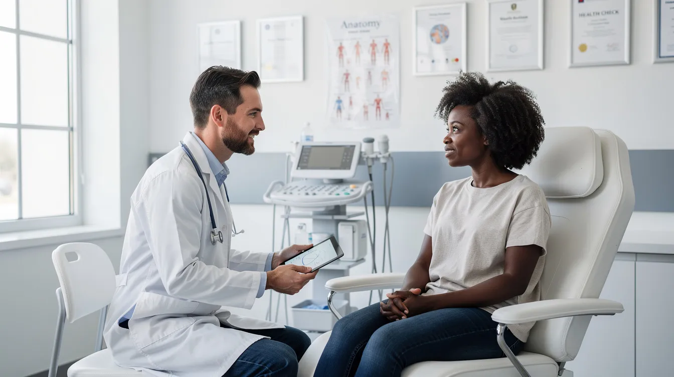 A medical professional is seen consulting with a patient in a modern clinical setting, discussing potential treatments involving adult stem cells and regenerative medicine to address chronic diseases and restore damaged tissues. The atmosphere is professional and supportive, highlighting the importance of stem cell therapy in advancing medical science.