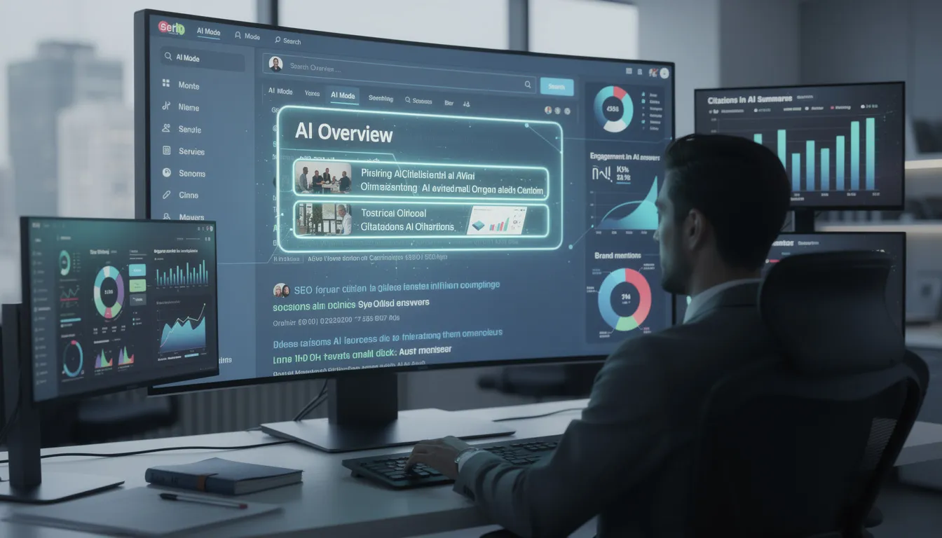 The image depicts a digital landscape showcasing the evolution of the SEO industry, emphasizing the impact of AI in search results. It features elements like AI overviews and Google search results, highlighting the importance of adapting strategies for enhanced search visibility and content quality as of December 23, 2025.