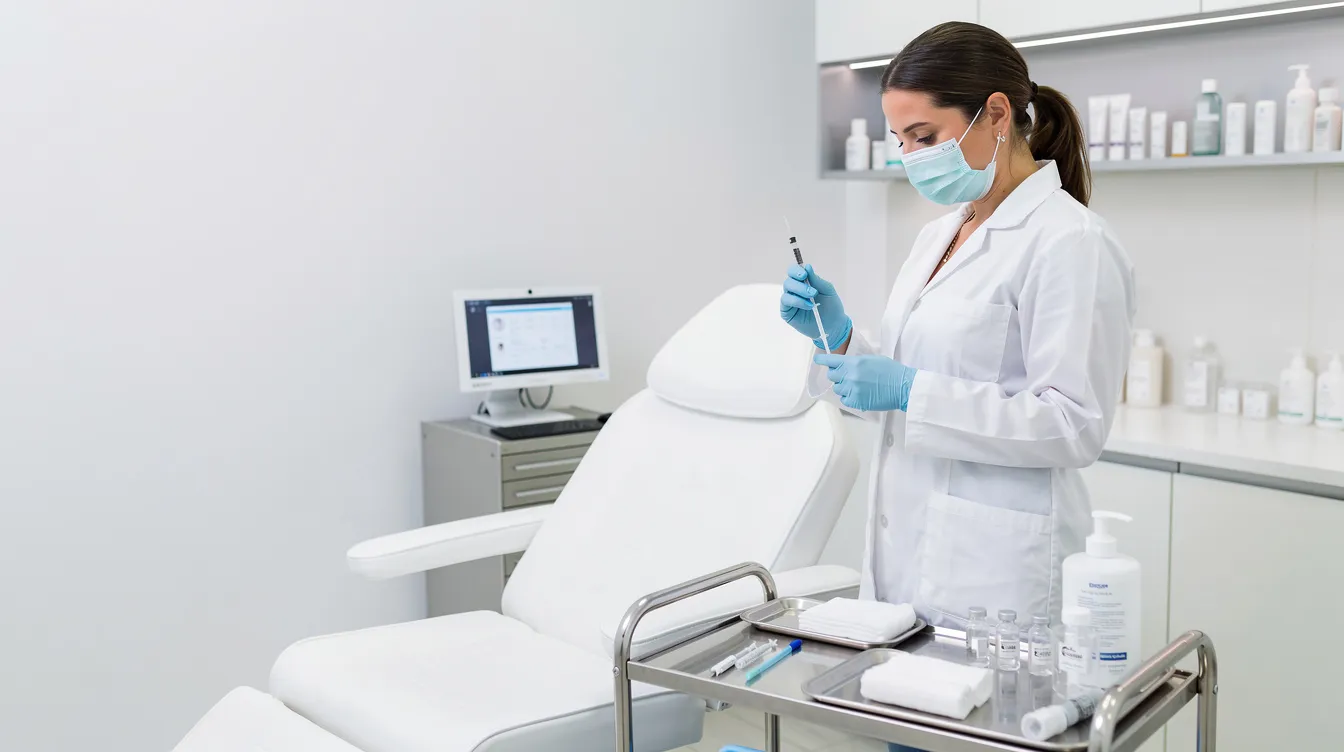 A medical professional stands in a clean treatment room, preparing for a cosmetic procedure aimed at addressing sagging skin and turkey neck appearance. The practitioner is equipped with tools for skin tightening treatments and botox injections to enhance skin elasticity and improve the neck's appearance.