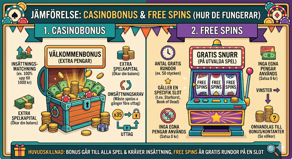Casinobonus och free spins – skillnad, omsättningskrav och hur bonusar fungerar på casino online