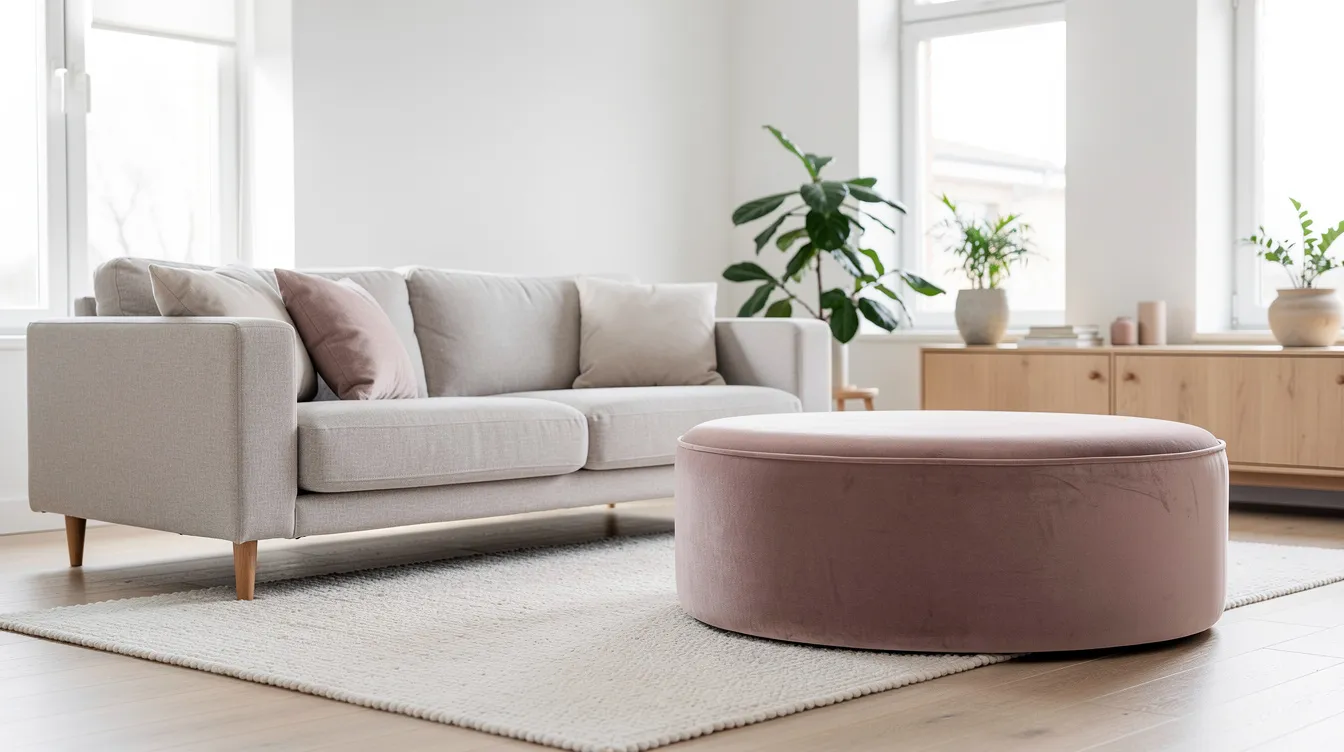 En rund sittpuff i mjuk sammet står placerad bredvid en soffa i ett ljust skandinaviskt vardagsrum, vilket ger en extra sittplats och en stilren detalj i inredningen. Sittpuffen passar perfekt för att skapa en mysig atmosfär och kan även användas för förvaring.