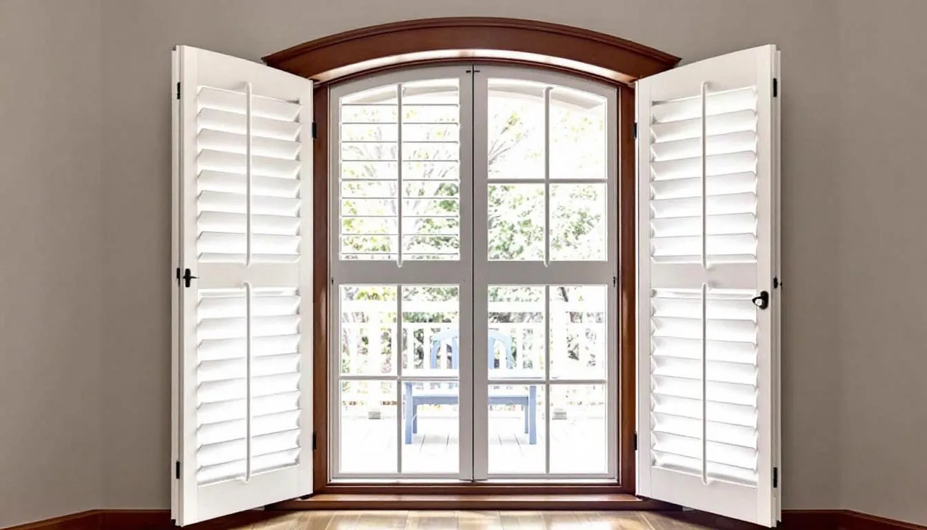 An arched window in a heritage Australian home features custom white plantation shutters that perfectly follow the curve of the window, providing a sleek design solution that enhances natural light and privacy in the room. The shutters create a stylish focal point while offering functionality and energy efficiency.