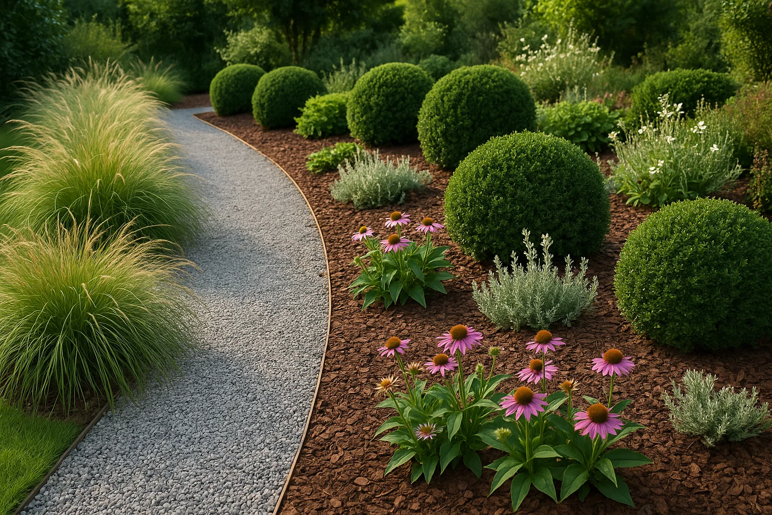 Low maintenance garden with mulched beds, evergreen shrubs, and grasses.
