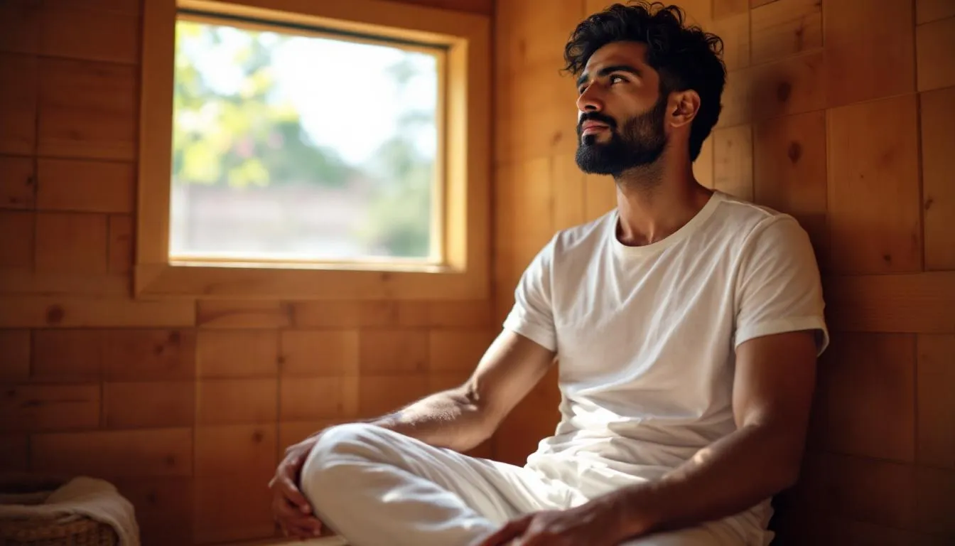 An Indian individual is relaxing in a traditional sauna, surrounded by warm, soothing heat that promotes muscle relaxation and recovery. This sauna session aims to improve blood circulation and support overall well-being, highlighting the unique benefits of heat therapy for muscle soreness and stress reduction.