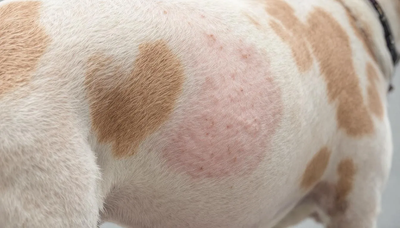 A close-up image of a dog reveals patchy hair loss on its side and back, showcasing bald patches and thinning hair that may indicate underlying skin conditions or allergies. The dog