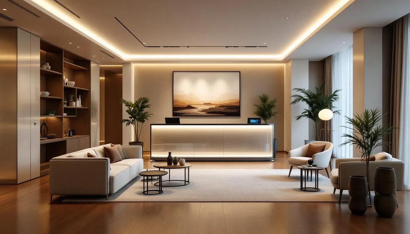 The image depicts a modern hotel lobby featuring a sleek reception desk and a cozy seating area with comfortable chairs and sofas, creating an inviting atmosphere for guests. This space reflects the hotel's focus on service quality and operational efficiency, essential for enhancing the hotel's financial health and boosting gross operating profit (GOPPAR).