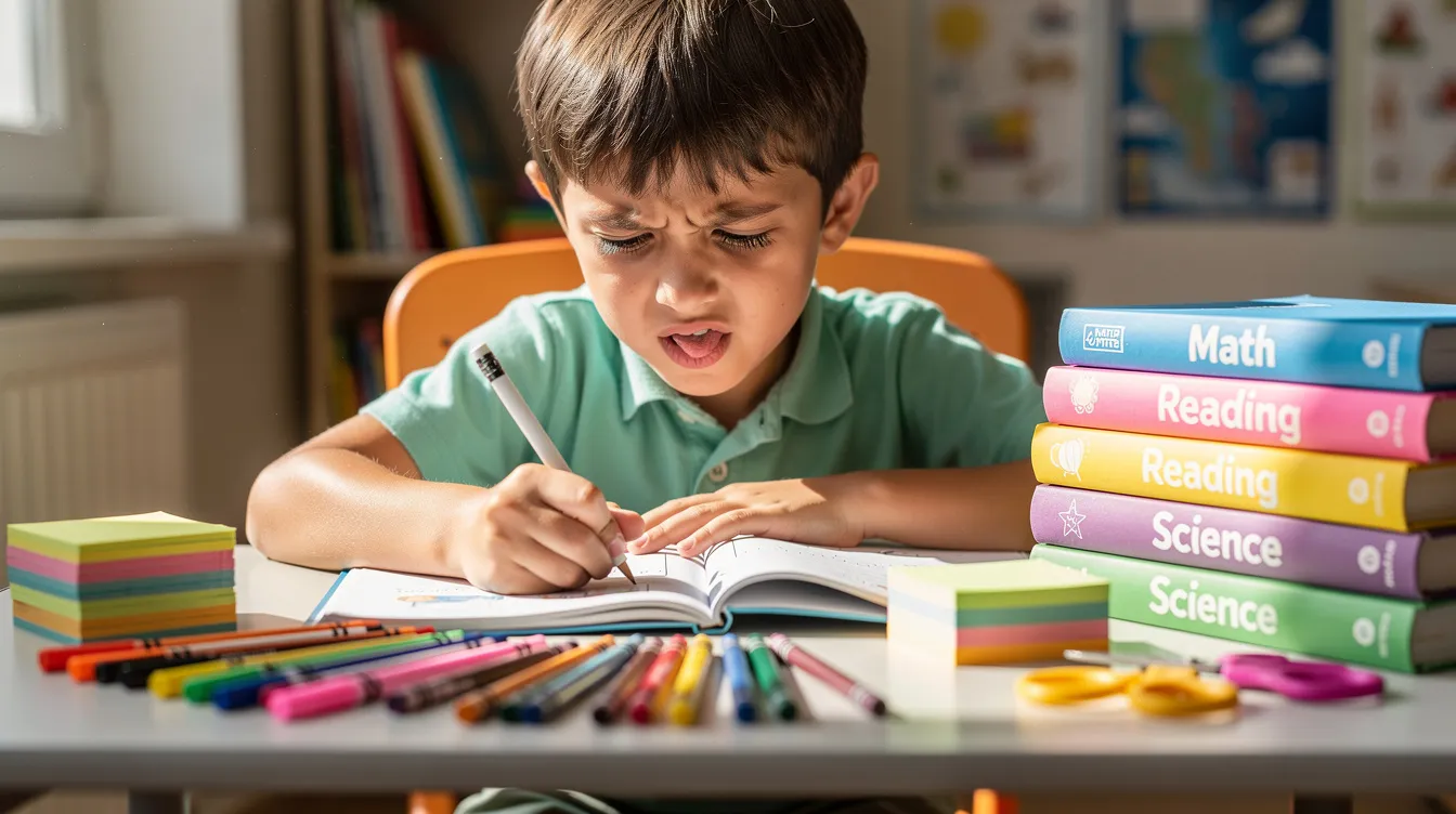 A young child is focused on their work at a desk filled with colorful school materials and books, demonstrating cognitive development through engagement with learning tasks. This scene highlights the importance of a supportive environment for enhancing children's cognitive capacities and fostering joyful learning experiences.