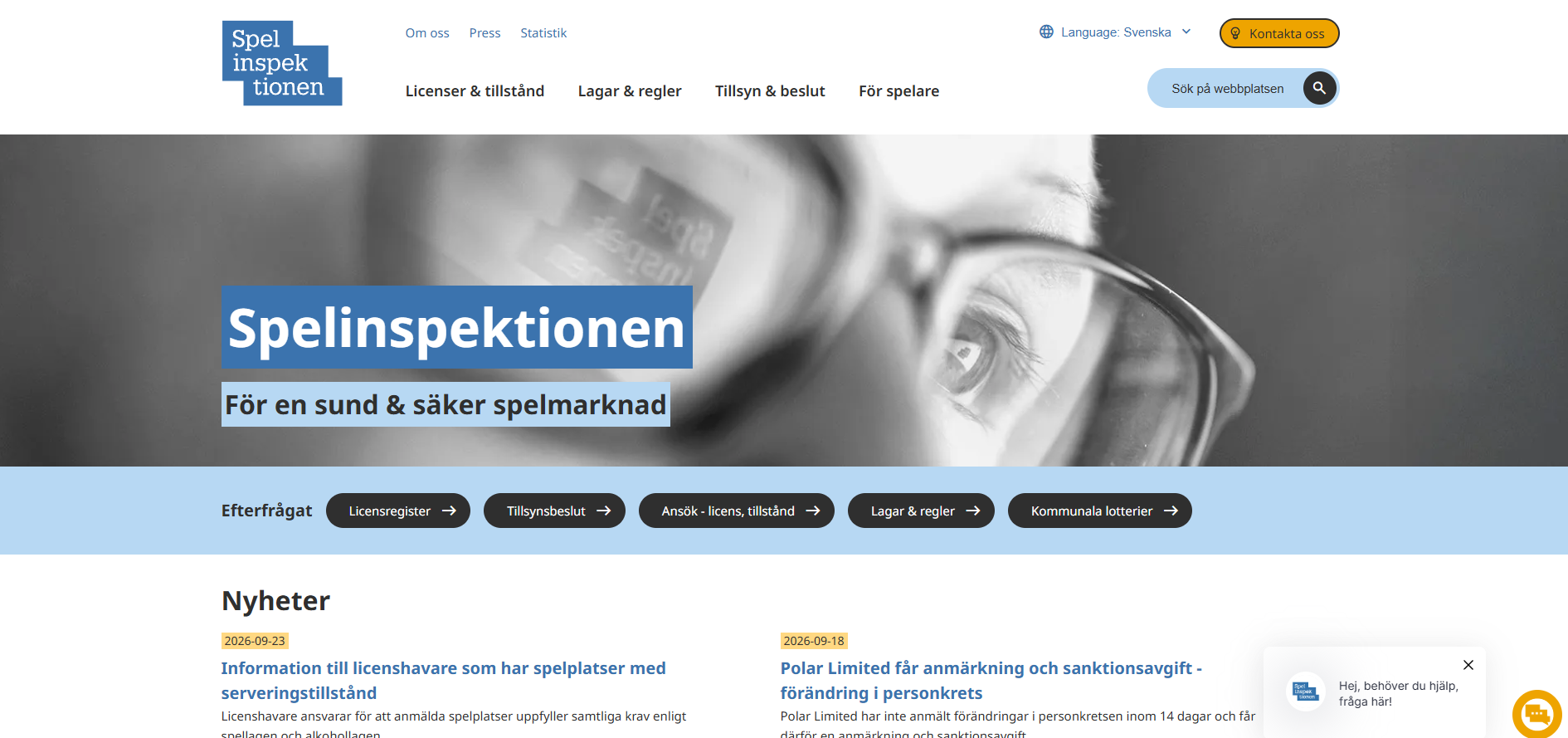 Skärmbild av Spelinspektionens webbplats med information om licenser, regler och tillsyn.