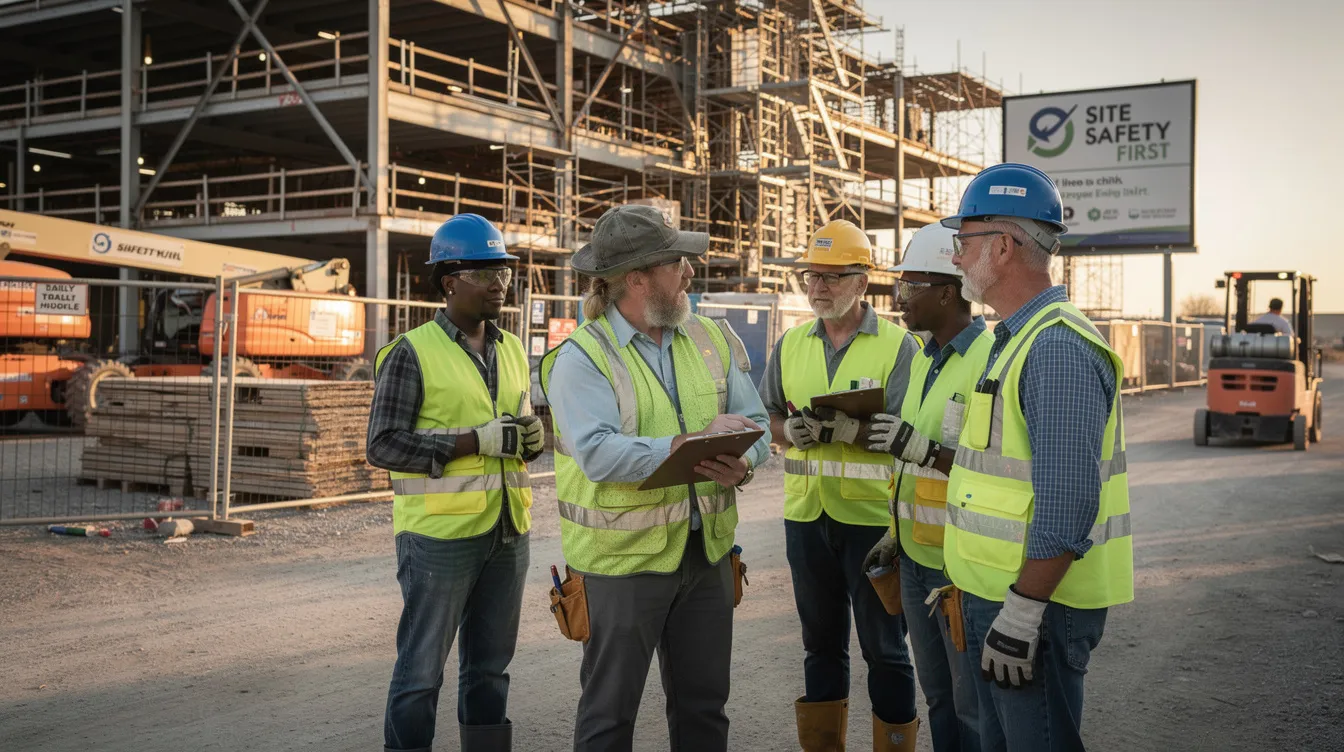 A small group of construction workers is gathered around a supervisor on an active commercial job site, engaged in a training huddle focused on project management and safety protocols. This setting highlights the importance of skilled workers in the construction industry as they prepare to implement new technologies and AI solutions for improved operational efficiency.