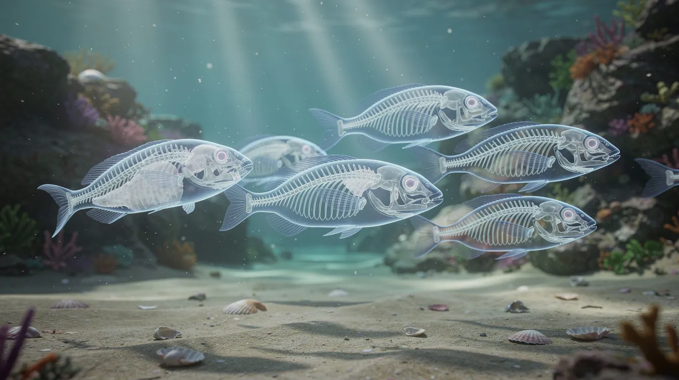 An underwater scene depicts various fish swimming gracefully, showcasing their visible skeletal structures, including fins and scales. These aquatic vertebrates represent different species, illustrating the diversity within the animal kingdom as they navigate through the surrounding water.