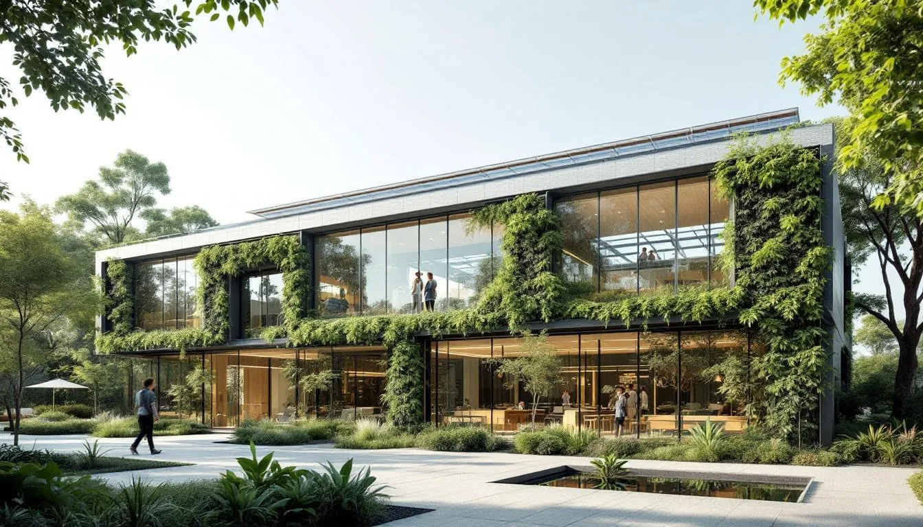 The image depicts a modern sustainable building that highlights architectural innovation and environmental design, featuring green roofs and large windows that promote natural light. This structure embodies core values of sustainability and positive impact on the community, showcasing how design can align with environmental responsibility.