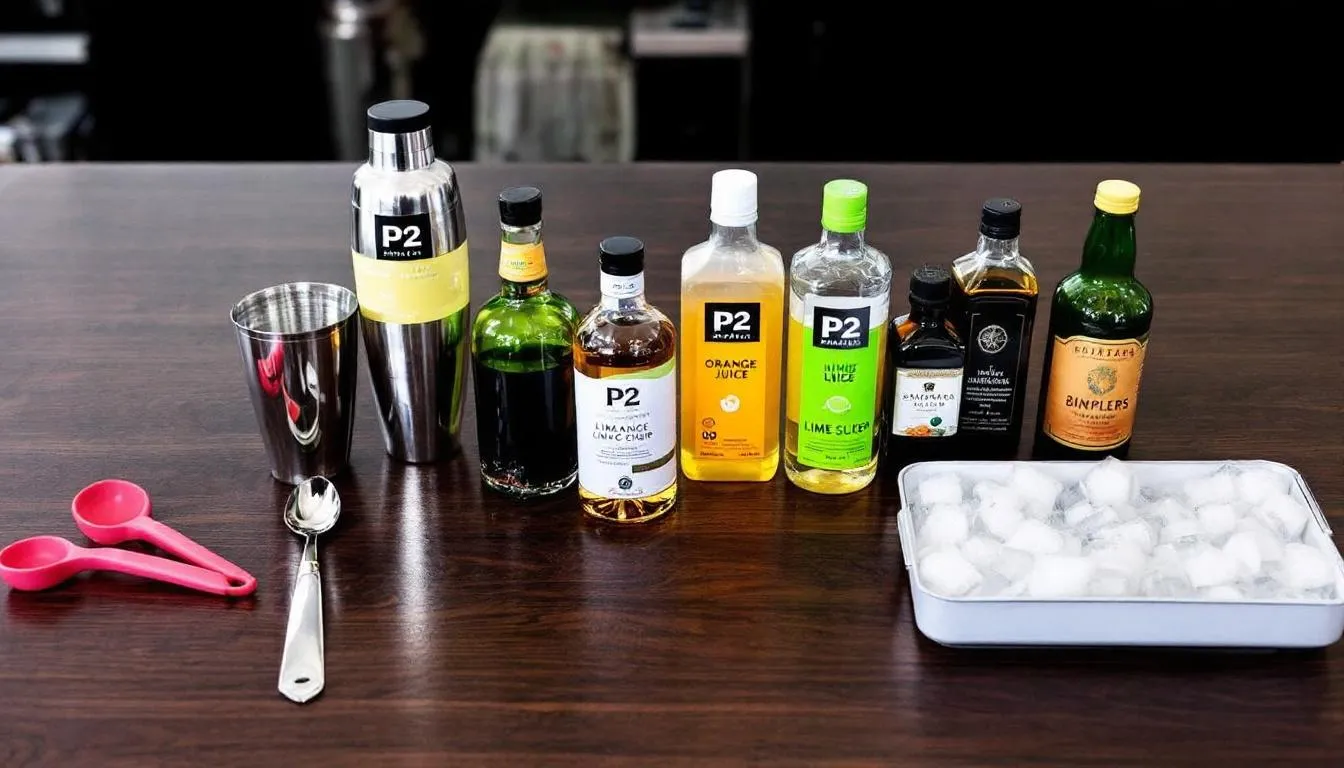 Bilden visar en bardisk med alla ingredienser för P2 drink, inklusive sourz apple, vaniljvodka, limejuice, och en flaska 7 Up, tillsammans med ett glas fyllt med is. Ingredienserna är elegant arrangerade, redo att användas för att göra en smakfull drink.