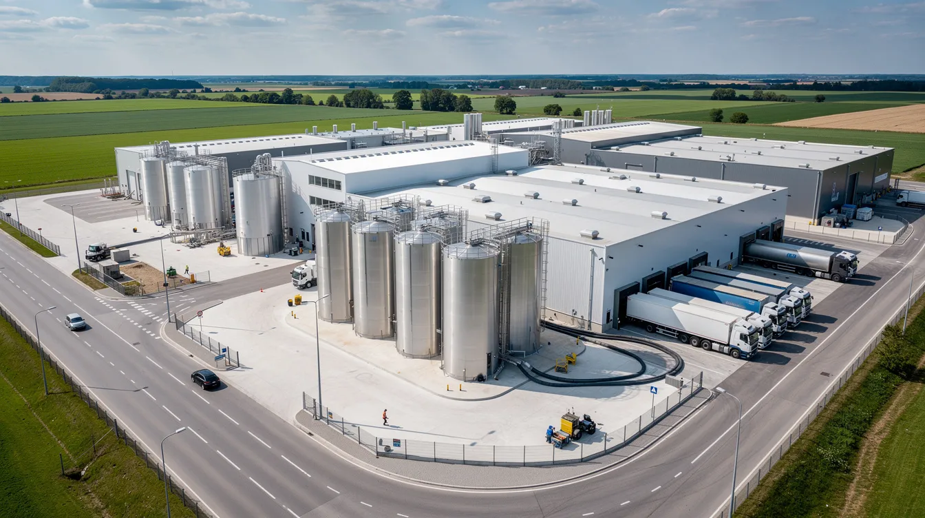 An aerial view of a large dairy processing facility showcases numerous stainless steel storage tanks and a well-organized loading area, indicative of an efficient milk powder manufacturing plant. This facility likely plays a crucial role in the global milk powder industry, contributing to the production of various dairy products.
