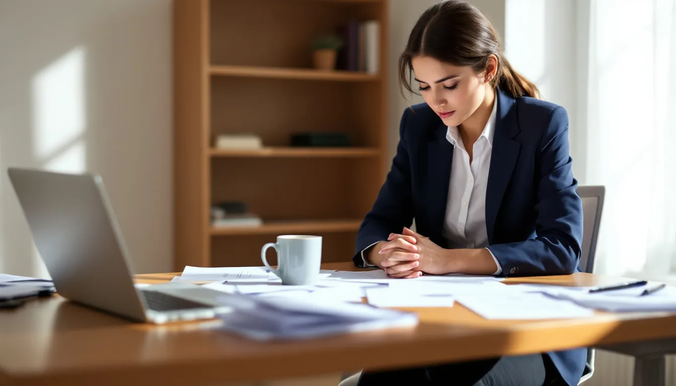 Een vrouw zit aan een tafel met documenten voor zich en kijkt nadenkend. Jangan lupakan diri anda dalam situasi yang tidak diingini kerana ia tidak dapat dielakkan.
