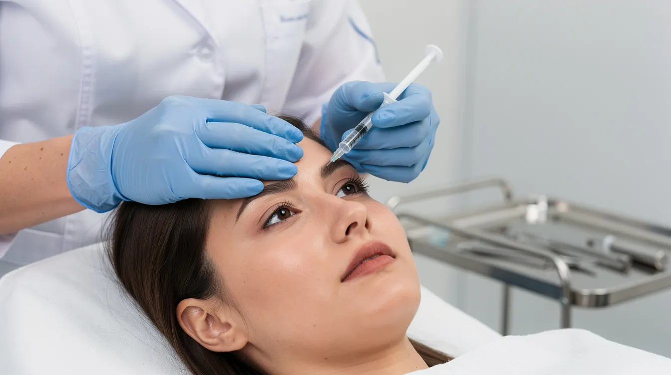 A professional is administering an upper eyelid filler injection to a patient near their brow area in a clinical setting, aiming to enhance the eye contour and address issues like hooded eyes and excess upper eyelid skin. The procedure is part of cosmetic eyelid surgery, focusing on achieving a refreshed and youthful appearance.