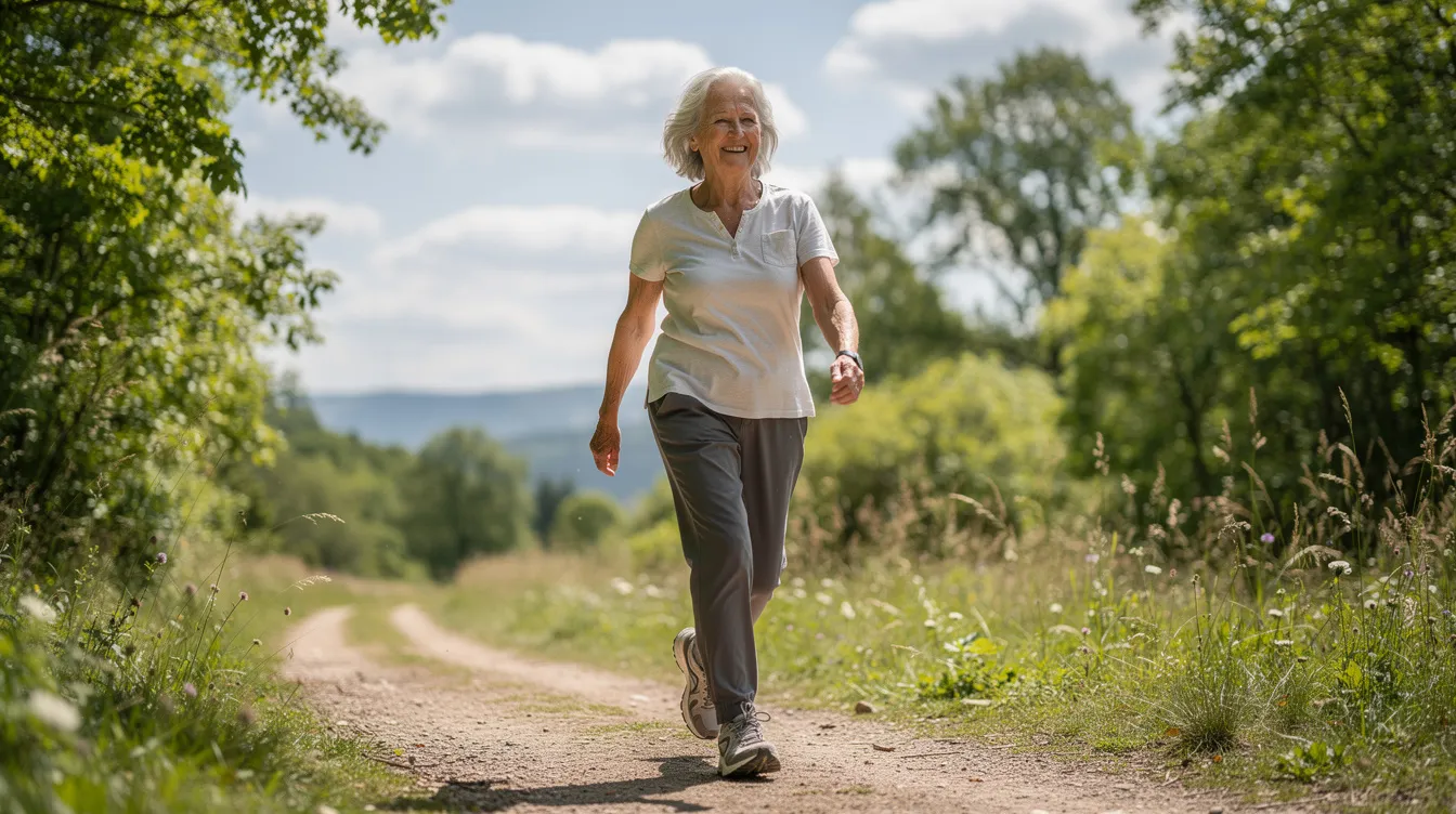 An elderly person is walking actively outdoors in a natural setting, showcasing healthy aging and vitality. This scene highlights the importance of maintaining an active lifestyle for blood sugar control and overall well-being as one navigates the aging process.