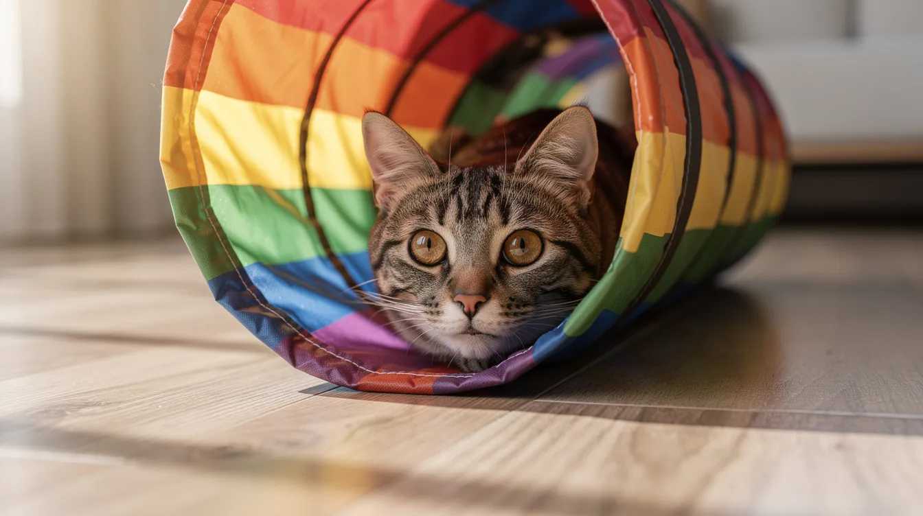 A tabby cat is peeking out from inside a vibrant rainbow tunnel made of soft fabric, resting on a light wooden floor. This playful scene captures the cat's curiosity as it explores its colorful tunnel, perfect for playtime and hiding.