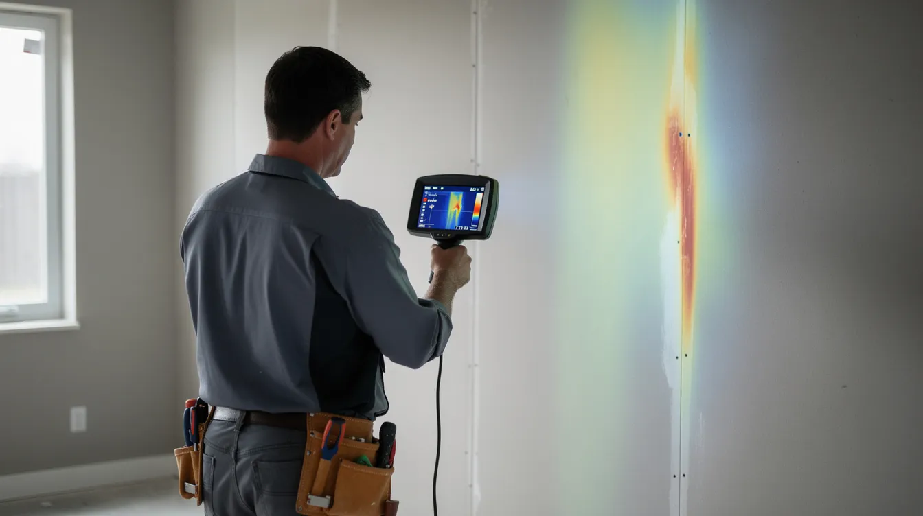 A professional is using a thermal imaging camera to inspect a wall for hidden moisture, looking for signs of water damage such as temperature differences that could indicate slow leaks or trapped moisture. This method helps identify potential issues like mold growth, foundation cracks, and plumbing leaks, which are crucial for Houston homeowners to address early to prevent further damage.