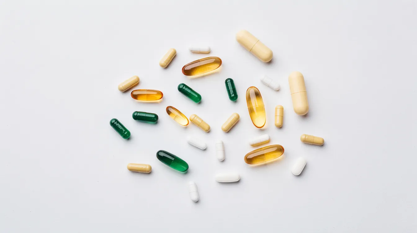 A close-up image displays a variety of supplement capsules in different sizes and colors, neatly arranged on a clean white surface. These capsules are likely dietary supplements aimed at promoting joint health and easing joint pain, particularly beneficial for individuals experiencing arthritis symptoms or knee osteoarthritis.