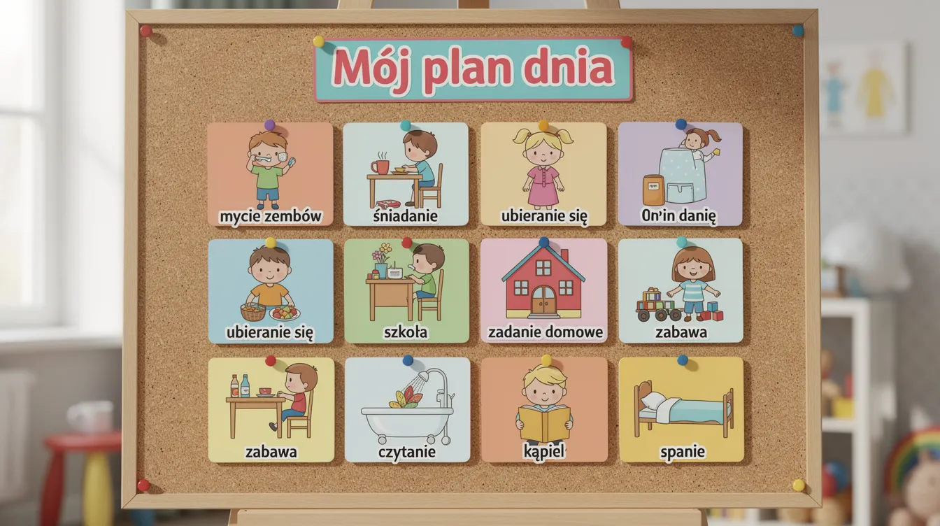 Na tablicy korkowej wisi kolorowy harmonogram obrazkowy z piktogramami przedstawiającymi codzienne czynności, który może być używany podczas zajęć rewalidacyjnych do rozwijania umiejętności społecznych oraz koncentracji uwagi uczniów ze spektrum autyzmu. Obrazek ilustruje sposób organizacji dnia, co wspiera dzieci w nauce i rozwiązywaniu zadań.