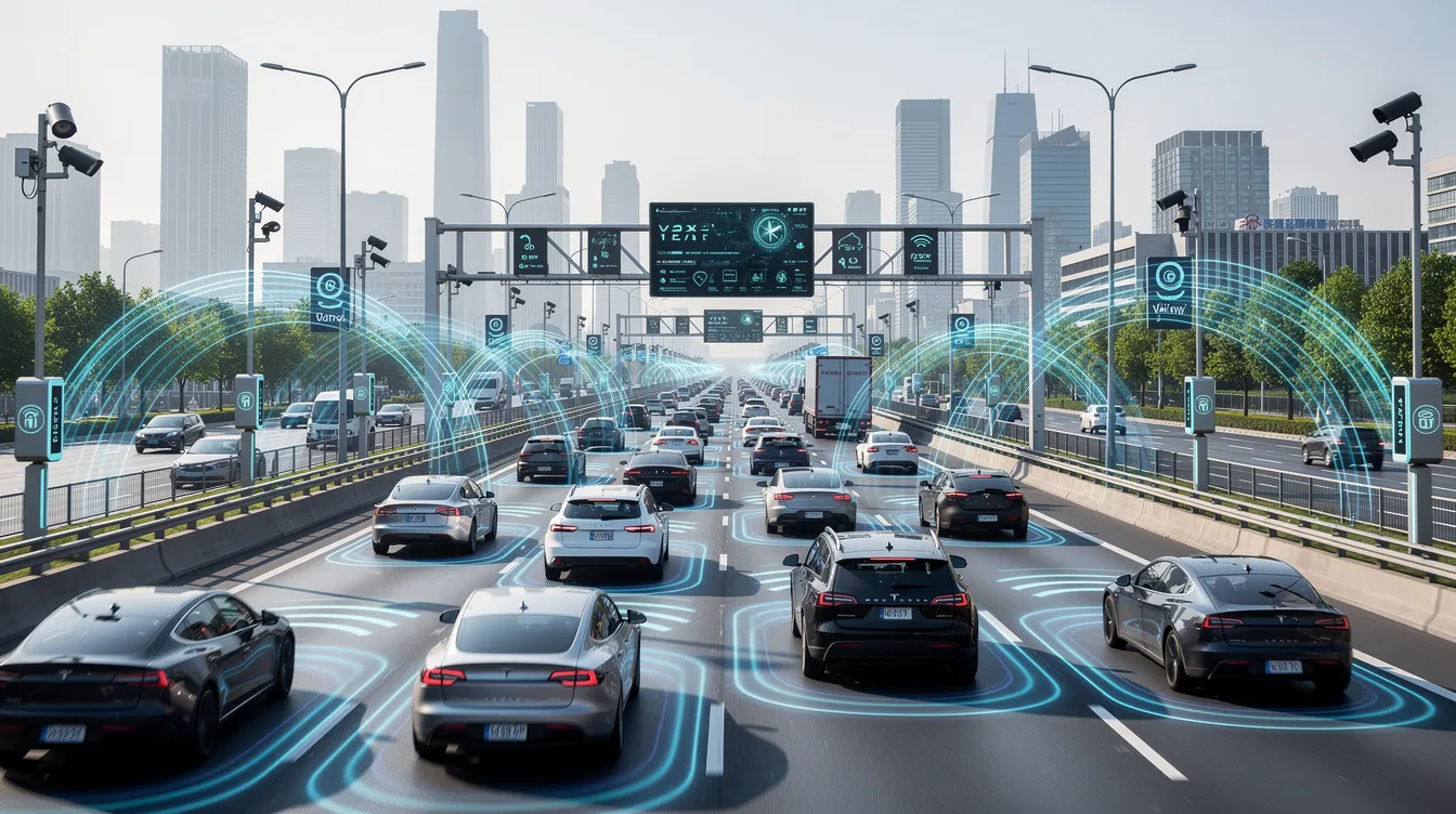The image depicts a busy highway where modern vehicles, including autonomous cars, are seamlessly exchanging data signals with roadside infrastructure and traffic control systems. This scene illustrates the impact of fifth generation (5G) technology on mobile networks, enhancing traffic flow and real-time data processing for smart cities and connected devices.
