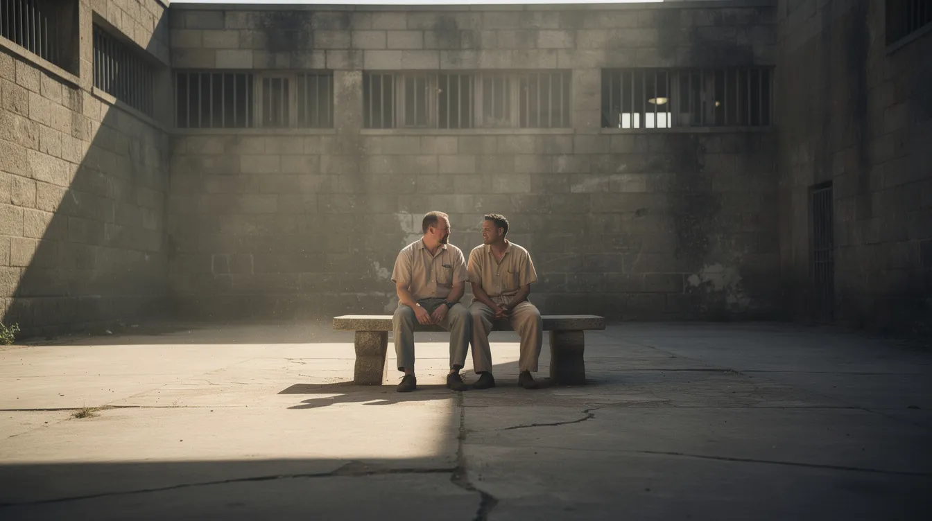Zwei Männer, Andy Dufresne und Ellis "Red" Redding, sitzen auf einer steinernen Bank in einem Gefängnishof des Shawshank Gefängnisses, umgeben von hohen Mauern. Das warme Nachmittagslicht fällt schräg über den Hof und schafft eine Atmosphäre der Freundschaft und Hoffnung inmitten der Haft.