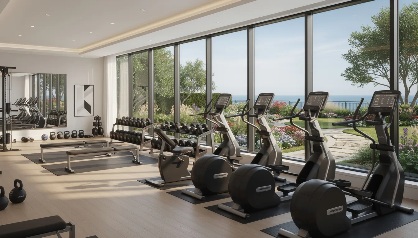 The image shows an upscale gym located in a condo building on the Connecticut shoreline, featuring large windows that overlook a beautifully landscaped garden. This modern facility is part of the real estate offerings in the area, ideal for those interested in homes for sale in Guilford, CT.