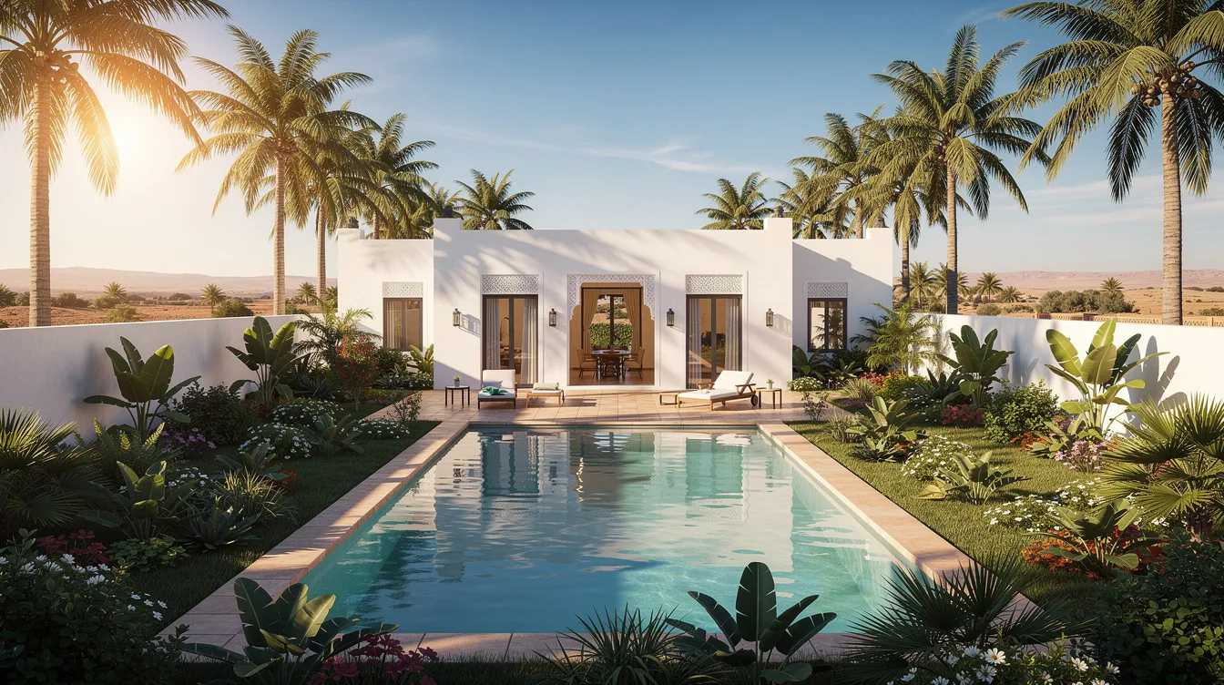 The image depicts a stunning white villa featuring a private pool and lush garden, all surrounded by tall palm trees in a sunny Moroccan setting. This vacation rental in Agadir offers a perfect escape for families, complete with a private terrace and easy access to local culture.