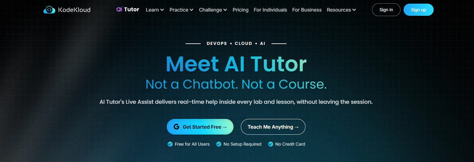 KodeKloud homepage showcasing AI-powered virtual labs and hands-on DevOps, cloud, and IT training environments.