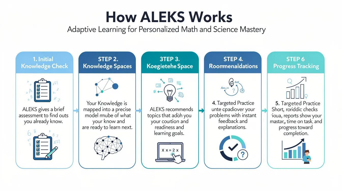 The infographic illustrates the adaptive learning flow of ALEKS, detailing steps such as the initial knowledge check, knowledge spaces, and topic recommendations. It features icons representing artificial intelligence, assessments, and student progress, all set against a clean white background for easy comprehension.